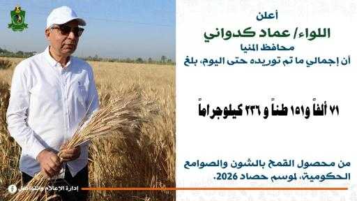 محافظ المنيا: توريد 71 ألف طن قمح للصوامع والشون منذ بدء موسم 2026 - المنيا: حسن الجلاد